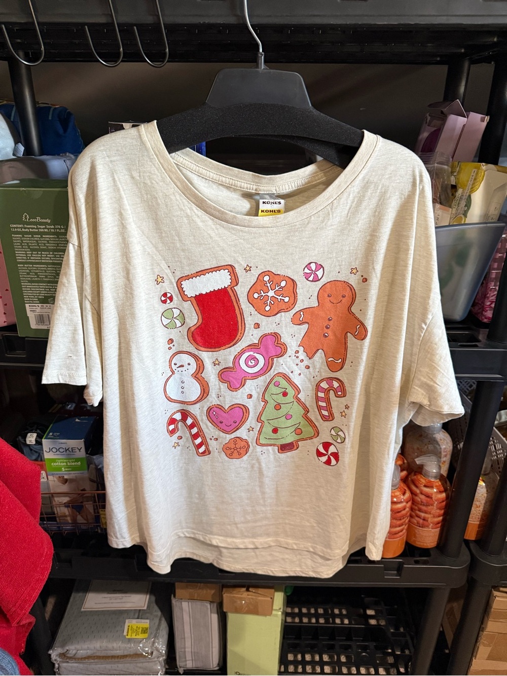 Cream Holiday Graphic Kids Top - Red & Green Festive Icons. Size XL